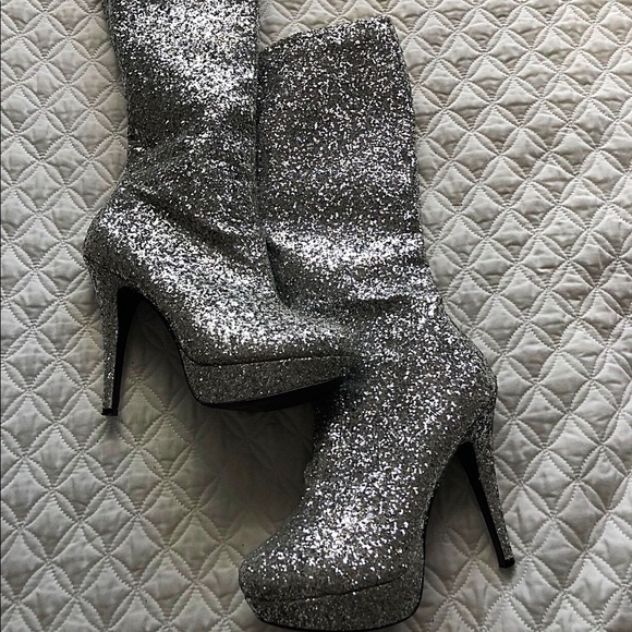 Shoes - Silver Knee-length sequin boots heels